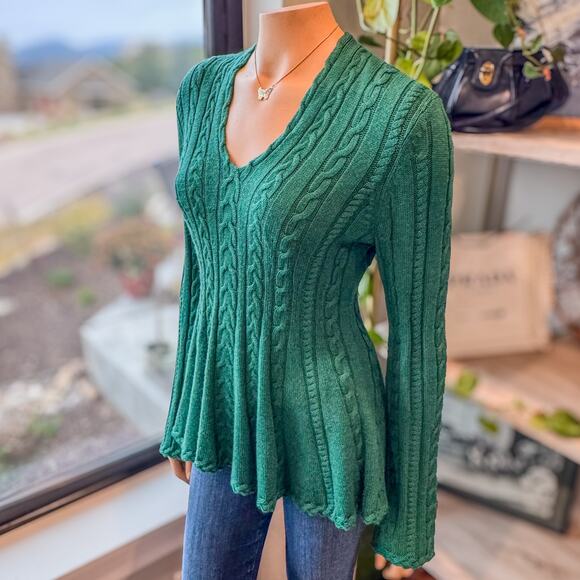 Antonio Melani Green V-Neck Cable Knit Peplum Sweater Flared Waist Womens Medium - Picture 5 of 8